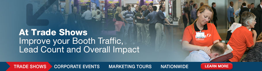 Chair massage therapists pictured at trade shows and marketing tours